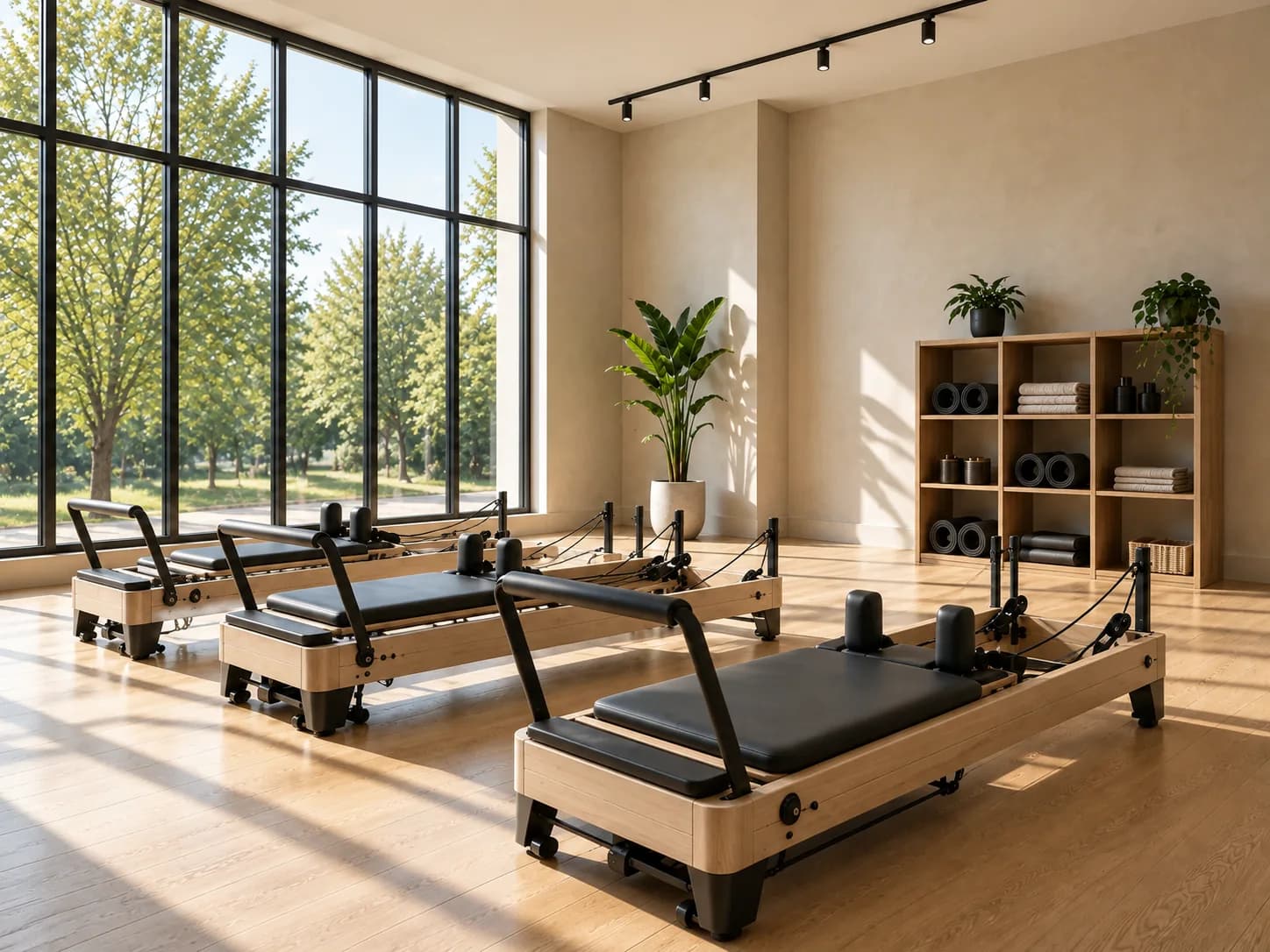 Estudio de Pilates con reformers preparado antes de abrir